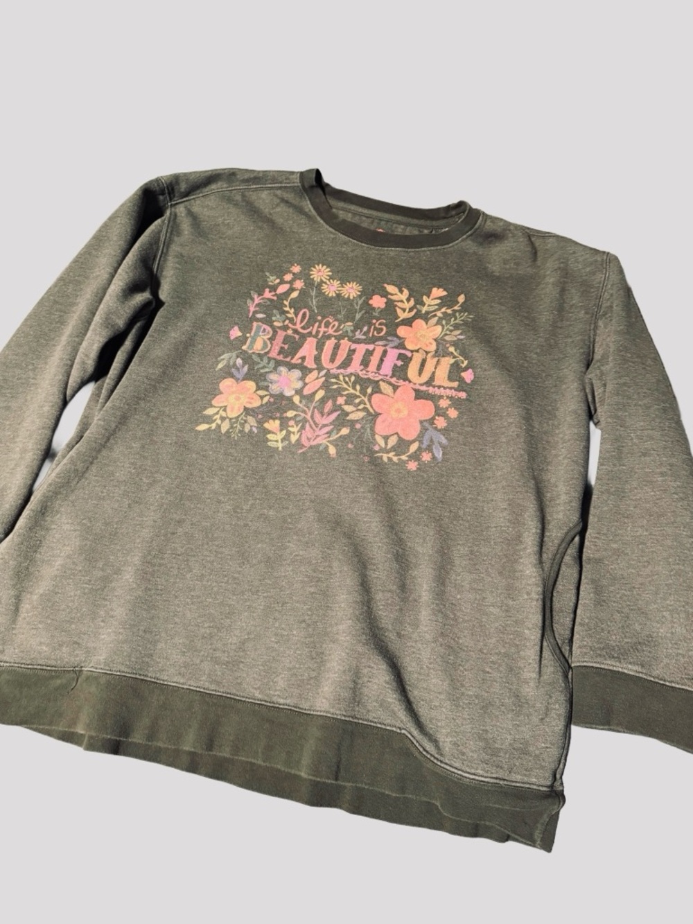 Natural Life "Life is Beautiful" Olive Green Floral Sweatshirt - XL - Picture 8 of 10